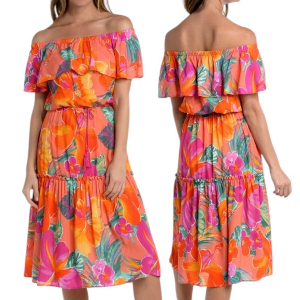 La Blanca Womens Off-The-Shoulder Floral Cover-Up Dress Hot Coral Size Large